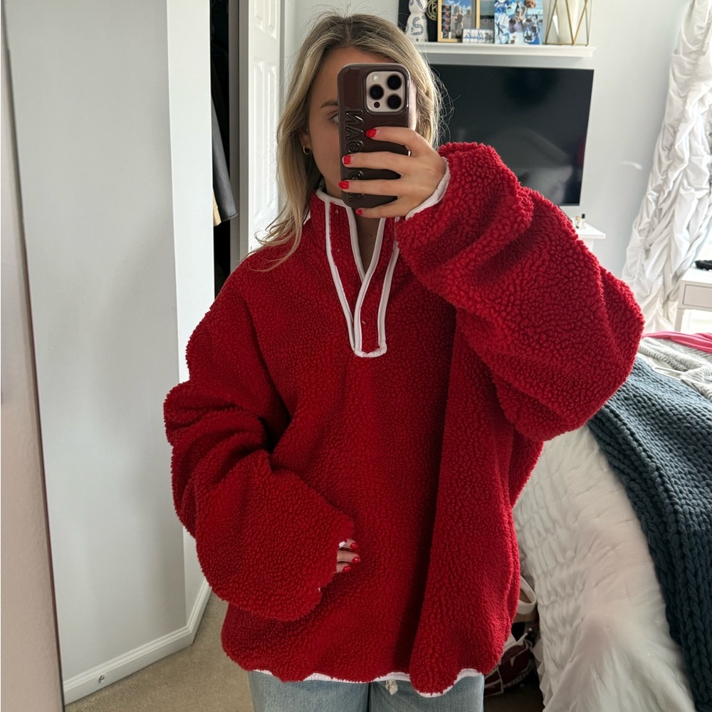 Cozy Red Sherpa Pullover with White Trim
